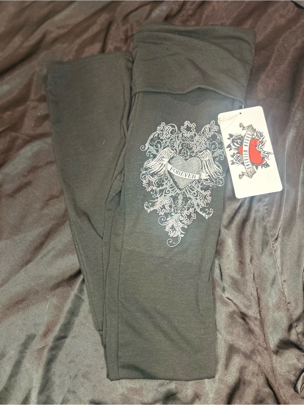 Black Fold Over Leggings with Silver Heart Wing Graphic